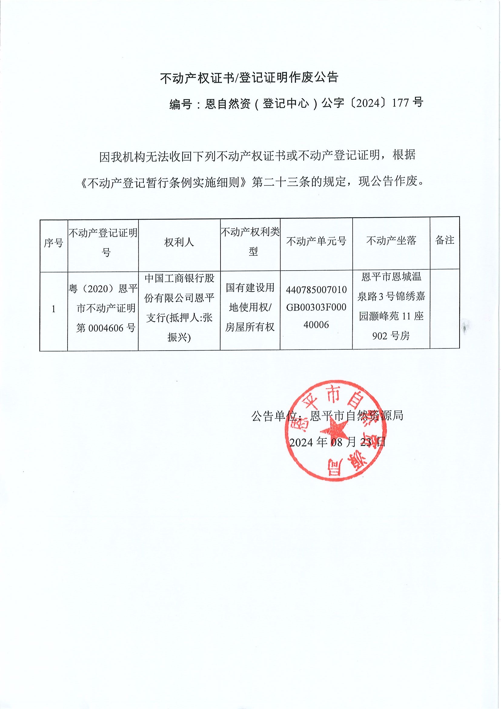 不動(dòng)產(chǎn)權(quán)證書登記證明作廢公告-恩自然資（登記中心）公字〔2024〕177號-中國工商銀行股份有限公司恩平支行（抵押人：張振興）.jpg